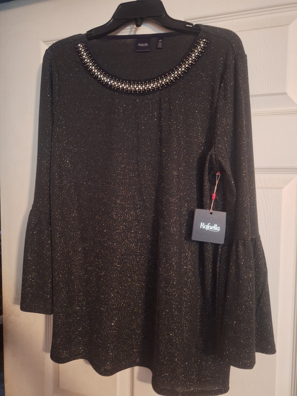 Rafaella Sparkle Black Jewel Neck Bell Sleeve Top- Large